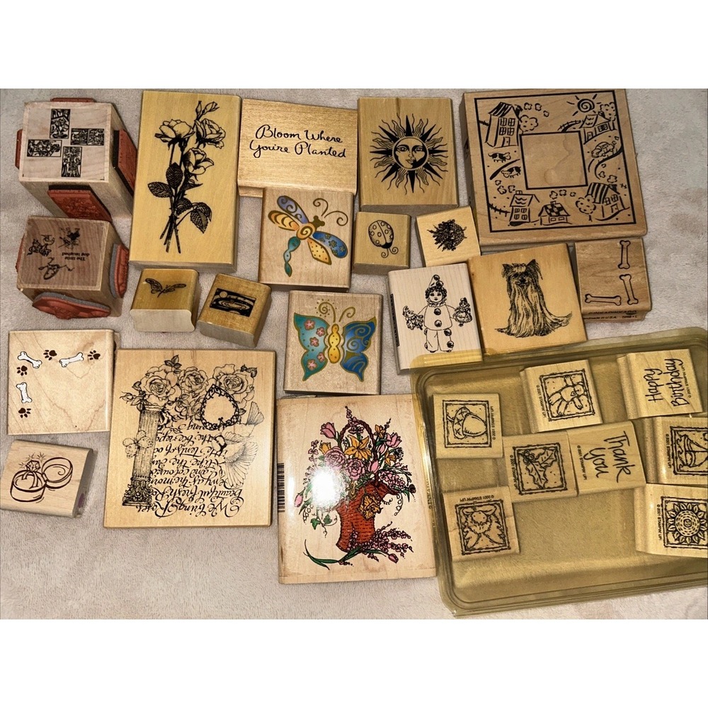 Rubber Stamps Wood Mounted Lot 27 Flowers Animals Sayings Craft Scrapbook VTG